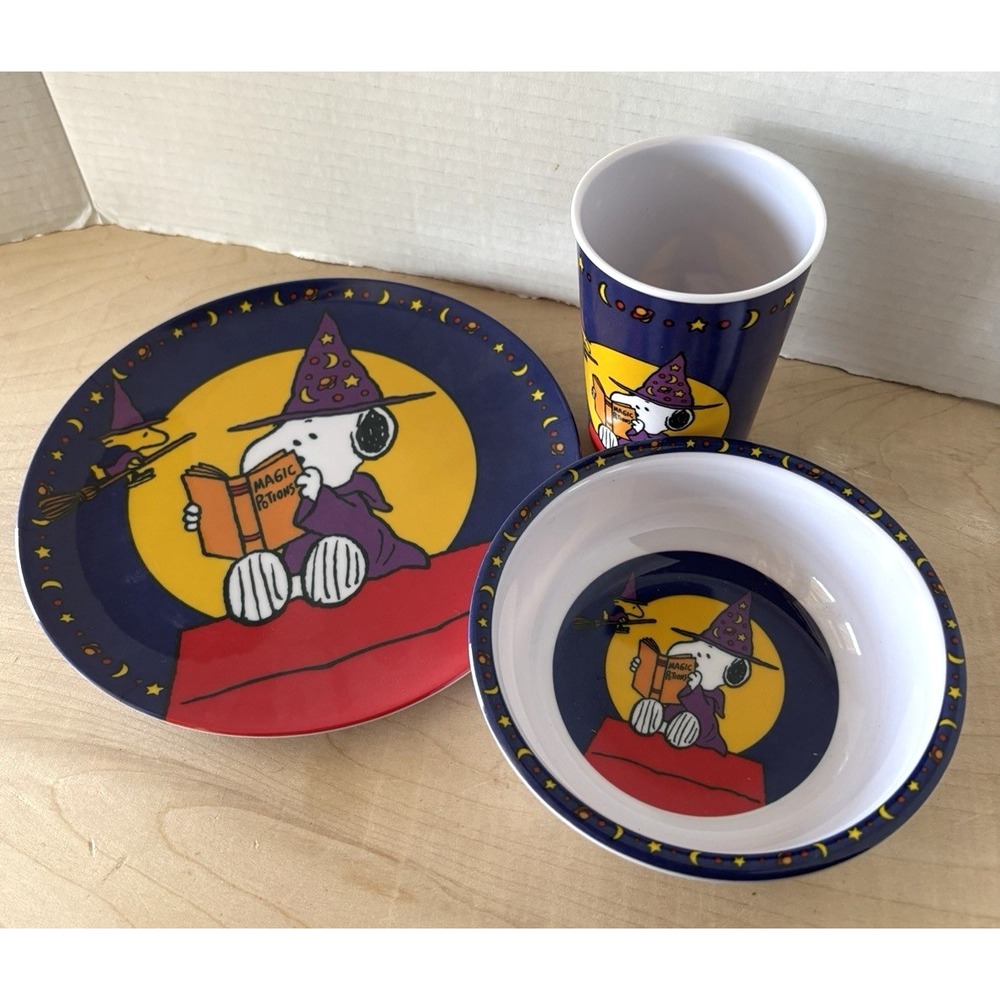 Vtg Gibson Wizard Snoopy Peanuts Halloween Plate Cup Bowl NWT Melamine Witch